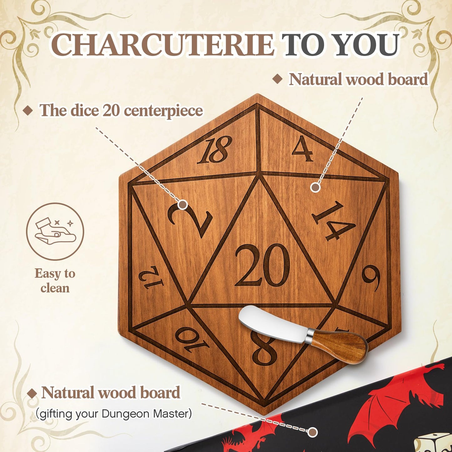 Ziliny D20 Shaped Charcuterie Board Set Cutting and Cheese Board Wooden Platter with Knives and Forks Serving Trays Gift for Christmas Kitchen Food Fruit(Acacia)