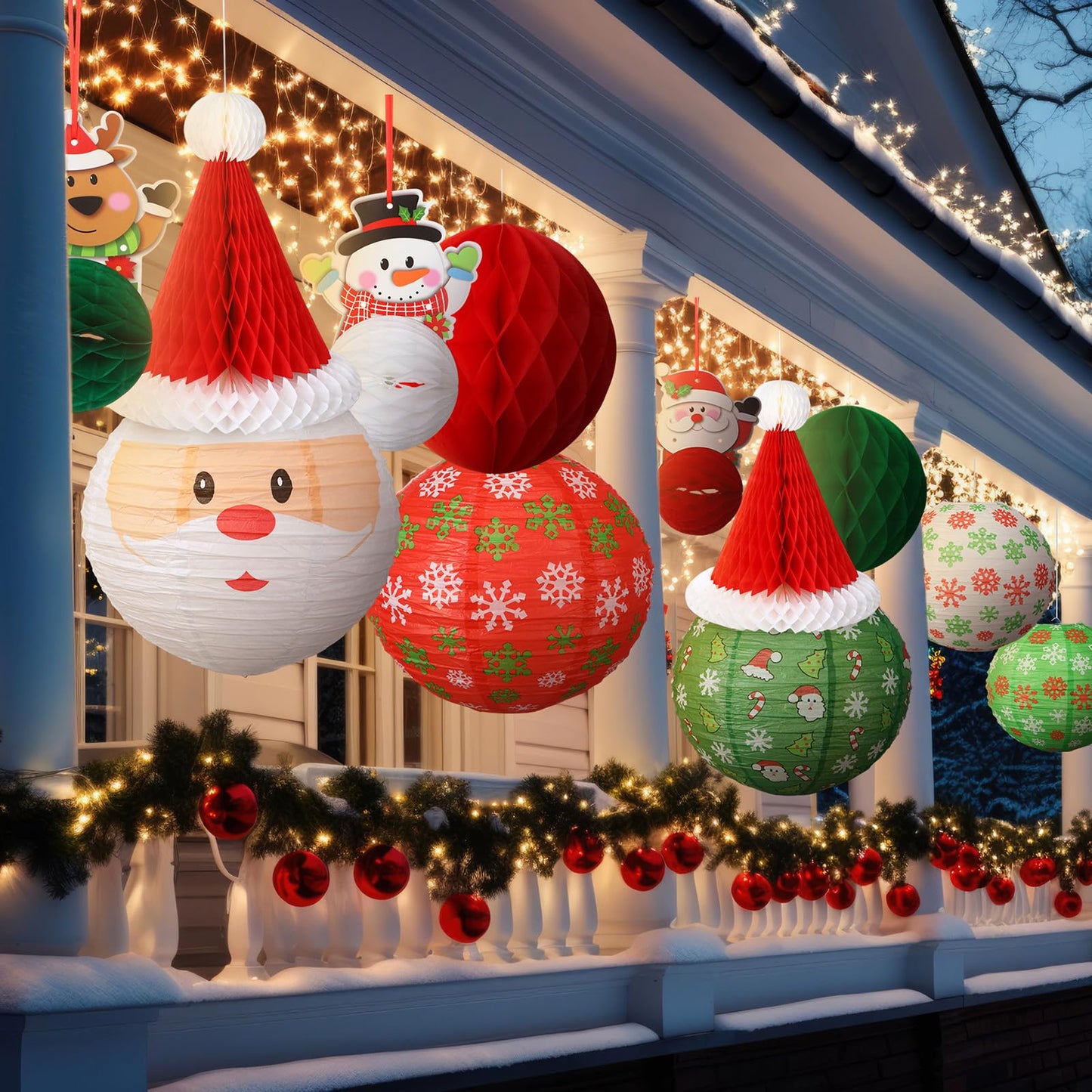 Gersoniel 24 Pcs Christmas Hanging Paper Lanterns Party Decorations Red and Green Christmas Lanterns Garland Set Honeycomb Santa Hat 3D Snowman Reindeer Holiday Xmas Ornaments Home Winter Party Decor