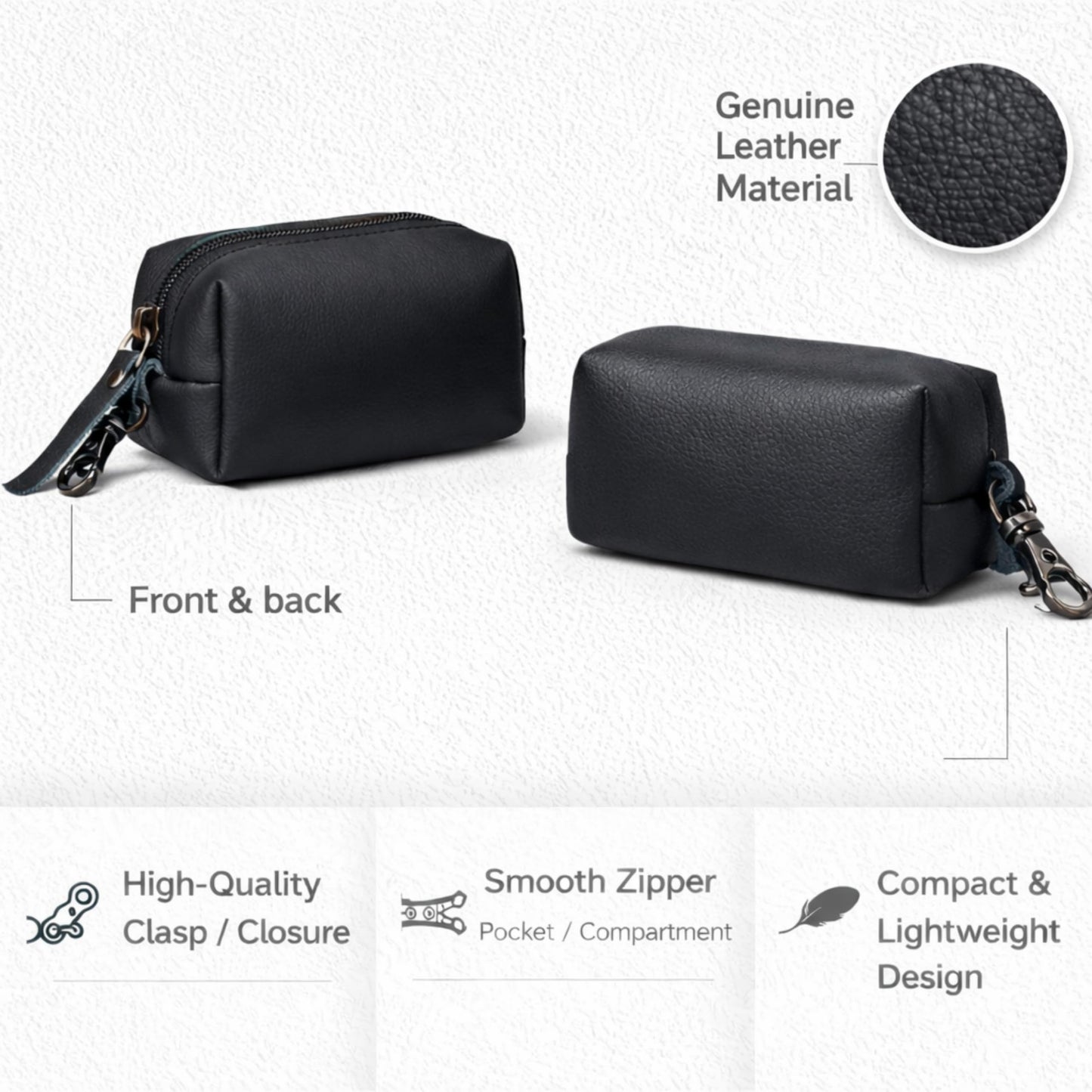 Leather Zipper Coin Pouch with Key Clip, Compact Change Holder Wallet for Men & Women, Small Leather Coin Purse for Cash, Keys, Earbuds, Everyday Carry Accessory (1, Black)