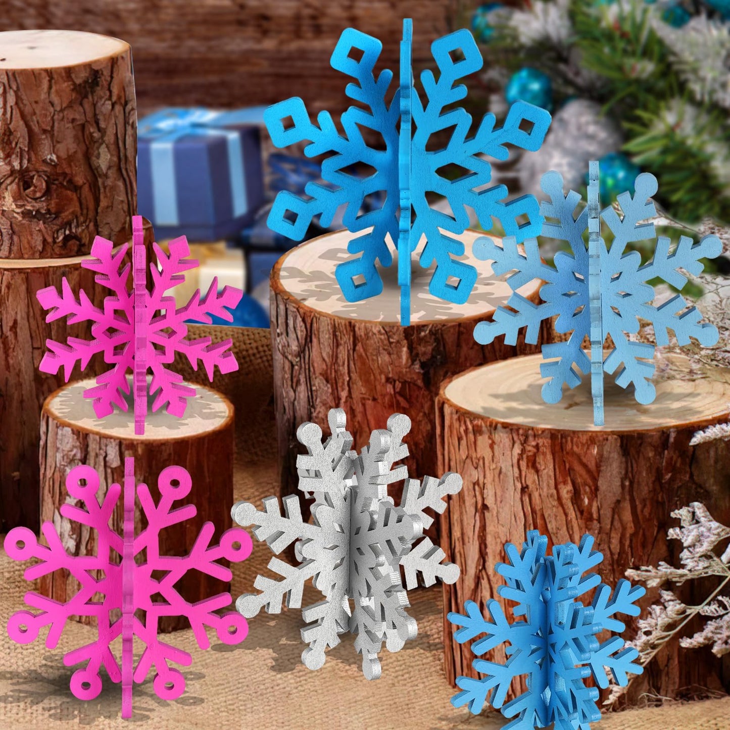 OuMuaMua 12 Sets Snowflake Christmas Table Decorations - 24pcs Blue Fuchsia Purple Sliver Wooden 3D Snowflake Decor Tabletop Centerpieces for Christmas Party Supplies Home Decor