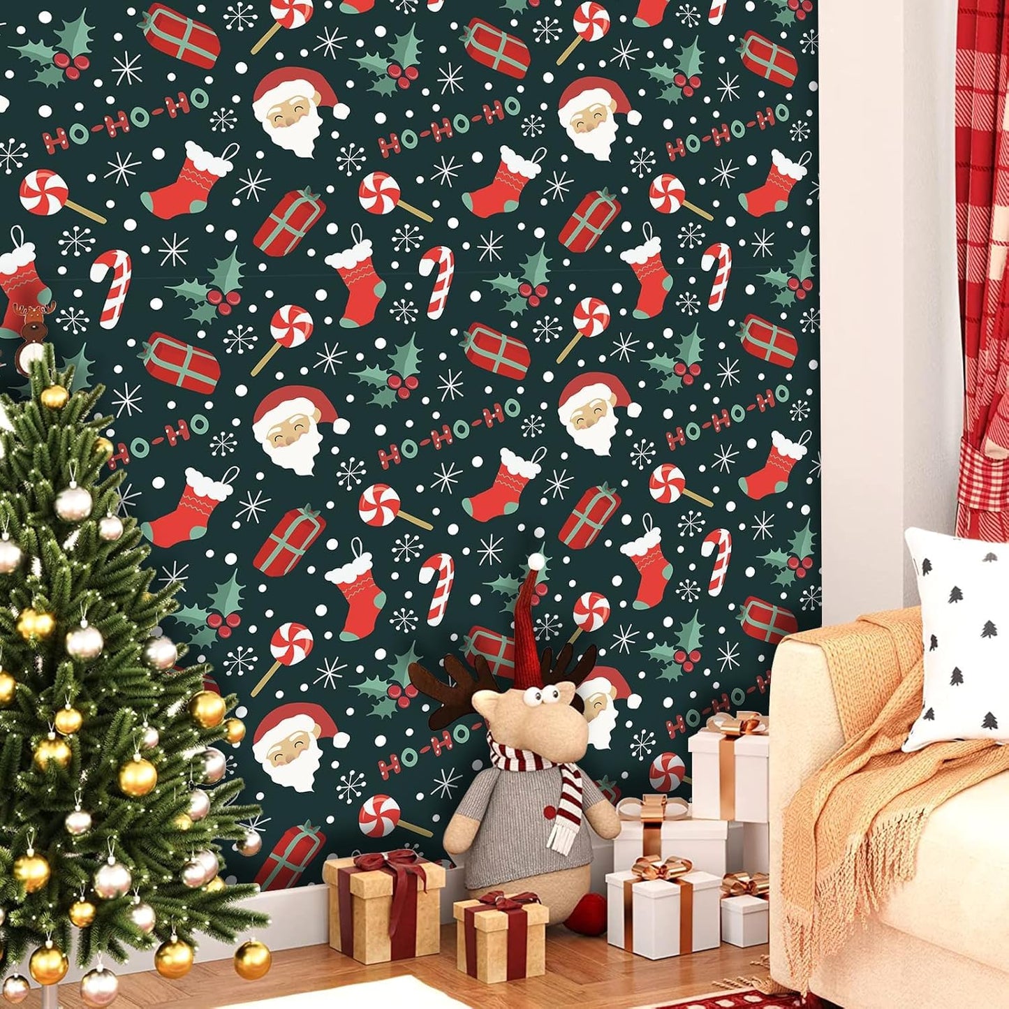 TOARTi HO-HO-HO Christmas Wallpaper Peel and Stick Christmas Contact Paper for Cabinets Bedroom Xmas Backdrop for Winter New Year Xmas Party Decoration