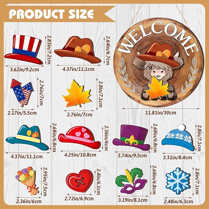 35 Pcs Christmas Interchangeable Highland Cow Welcome Sign Highland Cow Seasonal Wooden Hanging Door Decor Thanksgiving Farmhouse Hanging Sign for Front Door Xmas Party Decoration Gift(Red Brown)