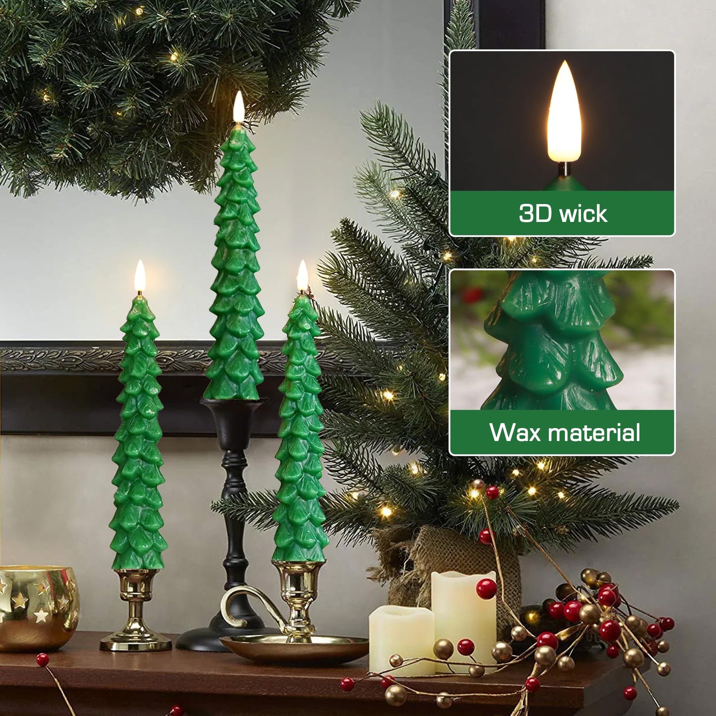 yunsheng 3Pcs Christmas Tree Candles with Remote Timer, Green Real Wax Flameless Taper Candles Flickering, 9.5 Inches Battery Operated LED Window Candle for Home Holiday Decor