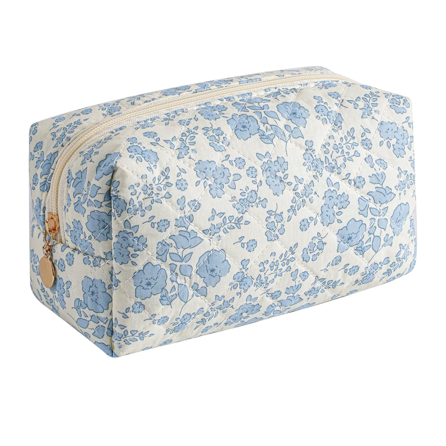 HHQQWZ Makeup Bag Travel Cosmetic Bag for Women Girls, Zipper Make Up Pouch, Floral Flowers Toiletry Organizer Makeup, Portable Storage Cosmetic Travel Cloth Bag (Blue Floral)