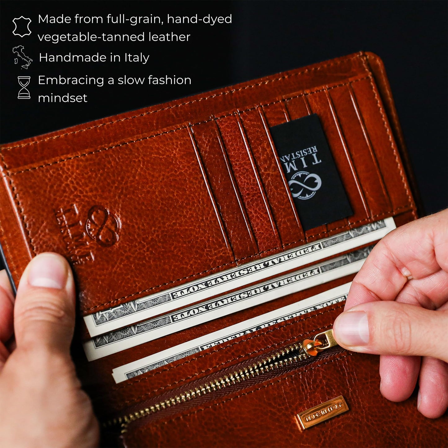 Time Resistance Long Leather Wallet - Bifold Mens Suit Leather Wallet - Checkbook Wallet - Tall Billfold Card Wallet - Slim Wallet Made in Italy (Cognac Brown)