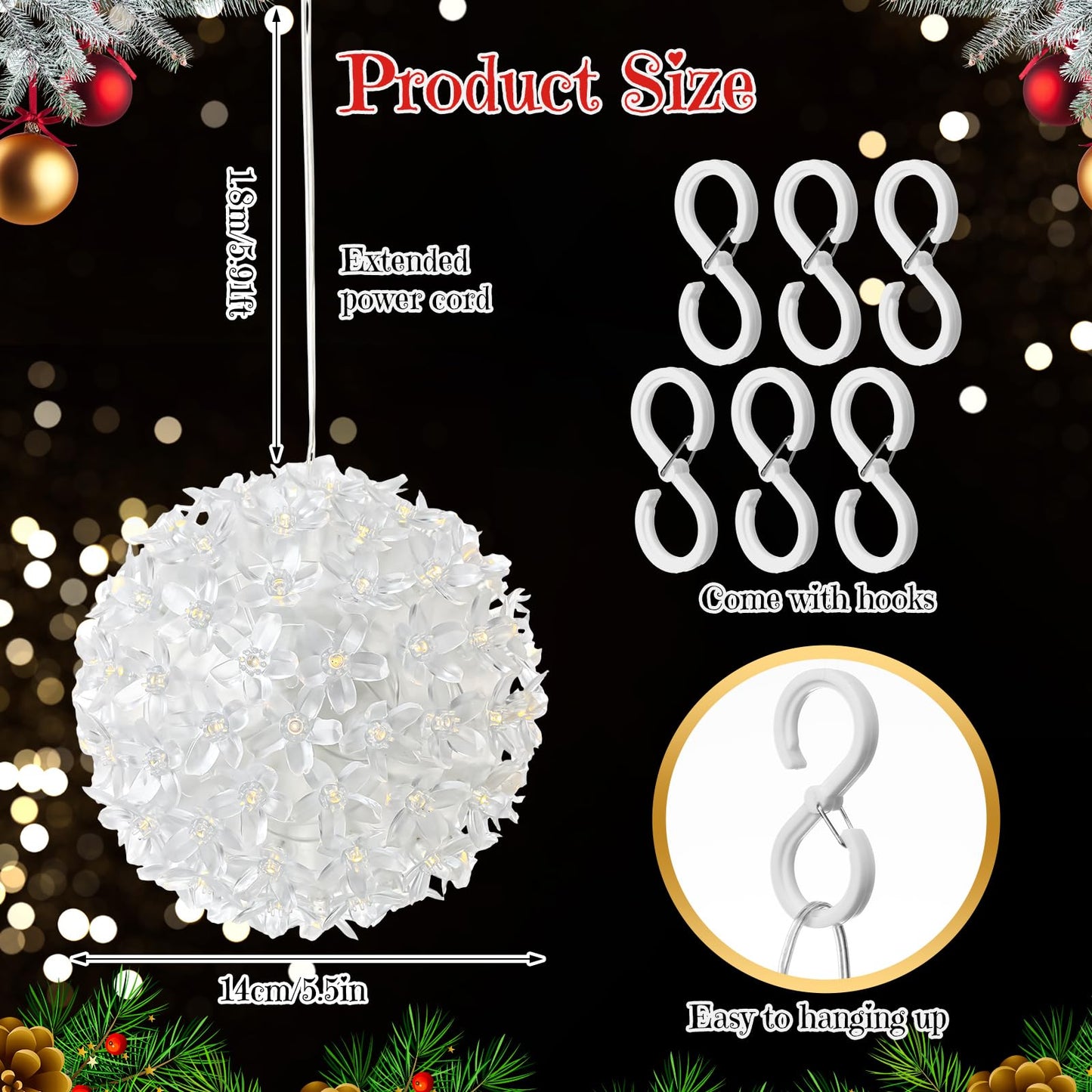 Baquler 6 Pcs Outdoor Christmas Balls Lights 5.5 Inch Christmas Starlight Sphere with 100 Bulbs Ornament Ball Light LED Hanging Globe Sphere Lights for Xmas Outdoor Party Yard Decoration(Warm White)