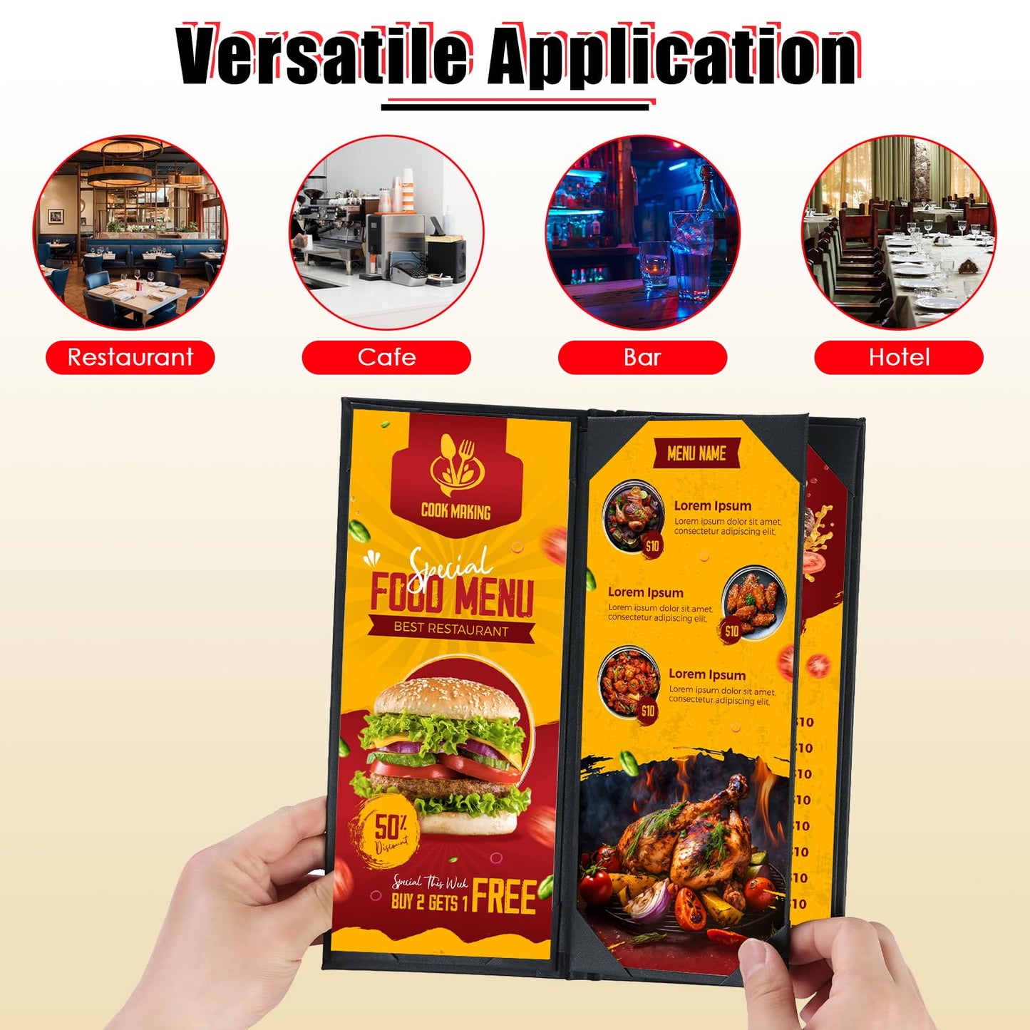 NATGAI 5 PCS 4 View Menu Covers 4.25" x 11", PU Leather Menu Cover Menu Holders, Waterproof Double View Restaurant Menu Covers, Fit for Restaurant Bar Cafe Hotel Wine List (4 View, 4.25"x11")