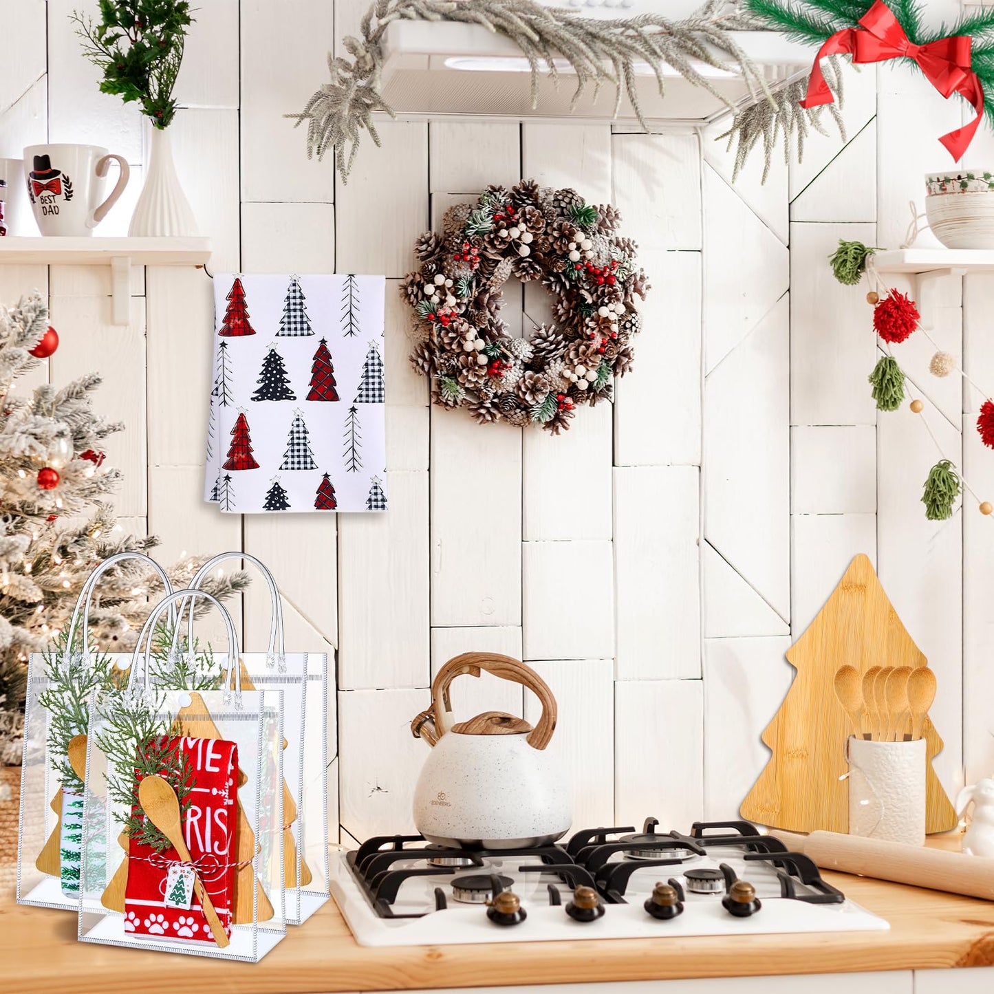 AceOrbit 37 Pcs Christmas Kitchen Gift Set Christmas Tree Bamboo Serving Board Xmas Supplies with Wood Spoon Kitchen Towel Card Holiday Gift Bags for Xmas Holiday Party Decor
