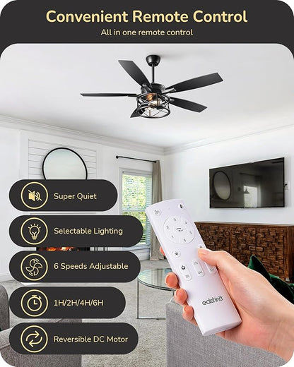 EDISHINE 42“ Black Farmhouse Ceiling Fans with Lights, Remote Control, Dimmable, 6 Speeds, 5 Wood Blades, DC Reversible Motor, Timer, Noiseless, Small Rustic Fan for Bedroom Living Room Kids Room