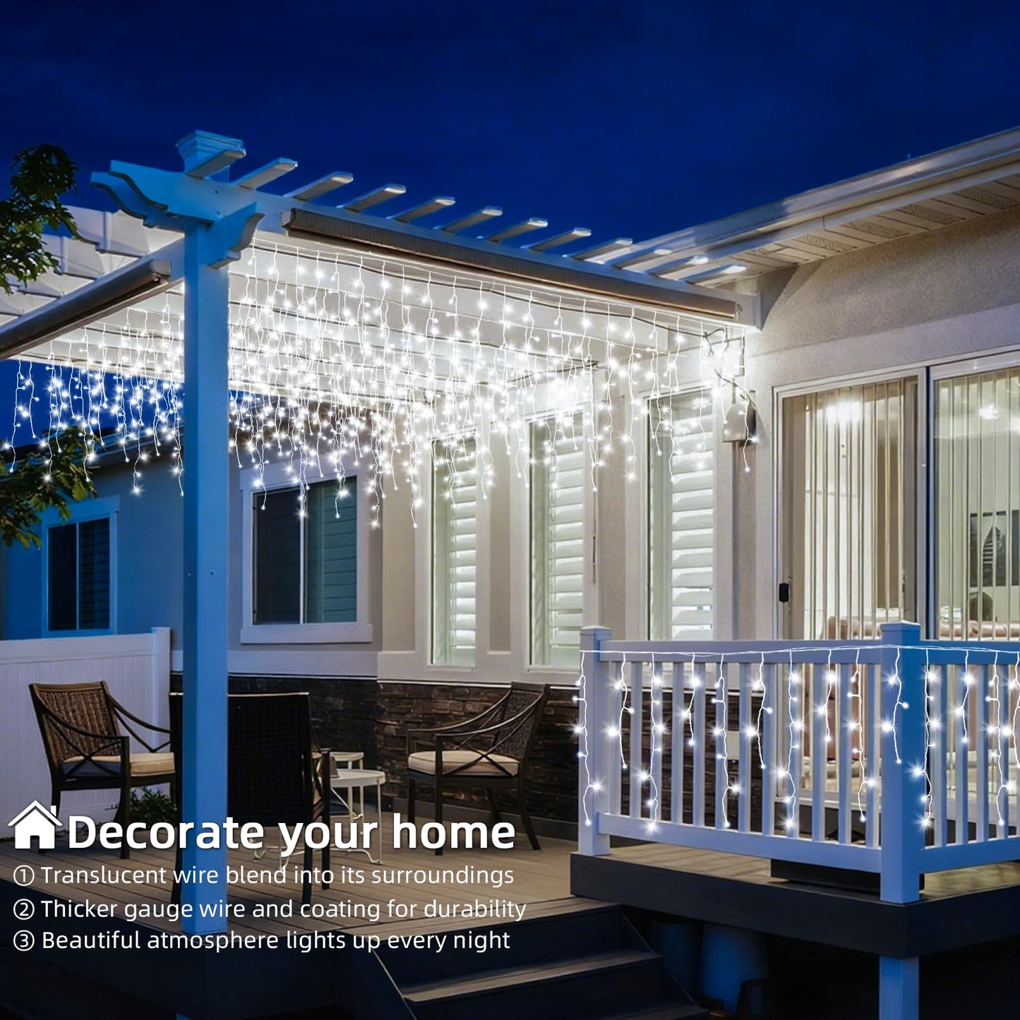 BYIZO Christmas Outdoor Icicle Lights - 200 LED 21+16 FT 8 Modes Curtain Fairy String Light Plug in, Waterproof for Eaves Yard Holiday Xmas Holiday Indoor Outdoor Decoration - White