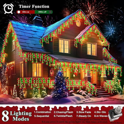 XURISEN 132ft Christmas Lights Decorations Outdoor, 1280 LED 8 Modes Fairy Lights with 240 Drops,Plug in Waterproof Timer Memory Function for Christmas Holiday Wedding Party Decorations(Red+Green)