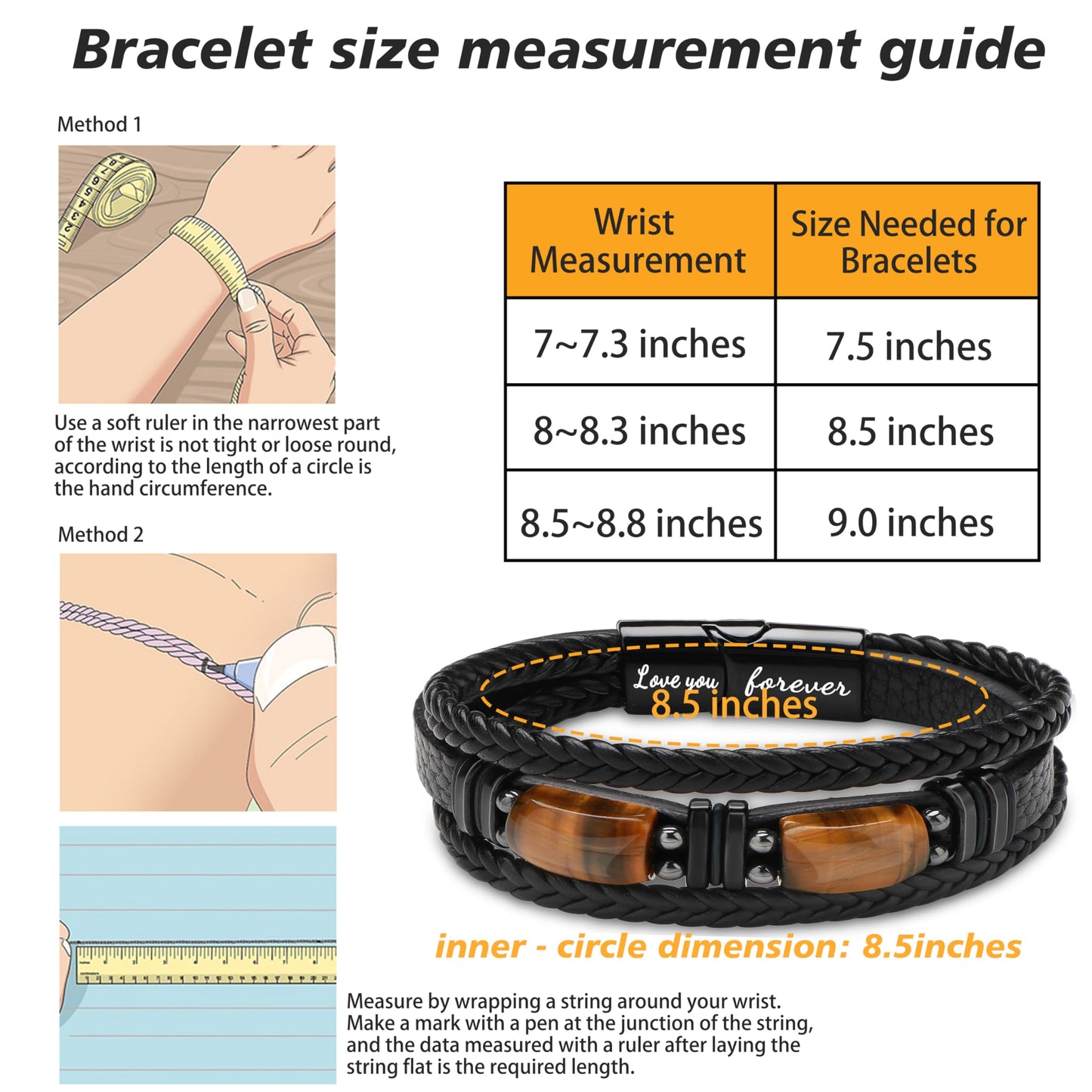 JoycuFF Gifts for Husband from Wife Leather Bracelets for Husband 2 Tiger Eye Stone Anniversary Birthday Love You Forever Mens Black Layered Braided Cuff Bracelet