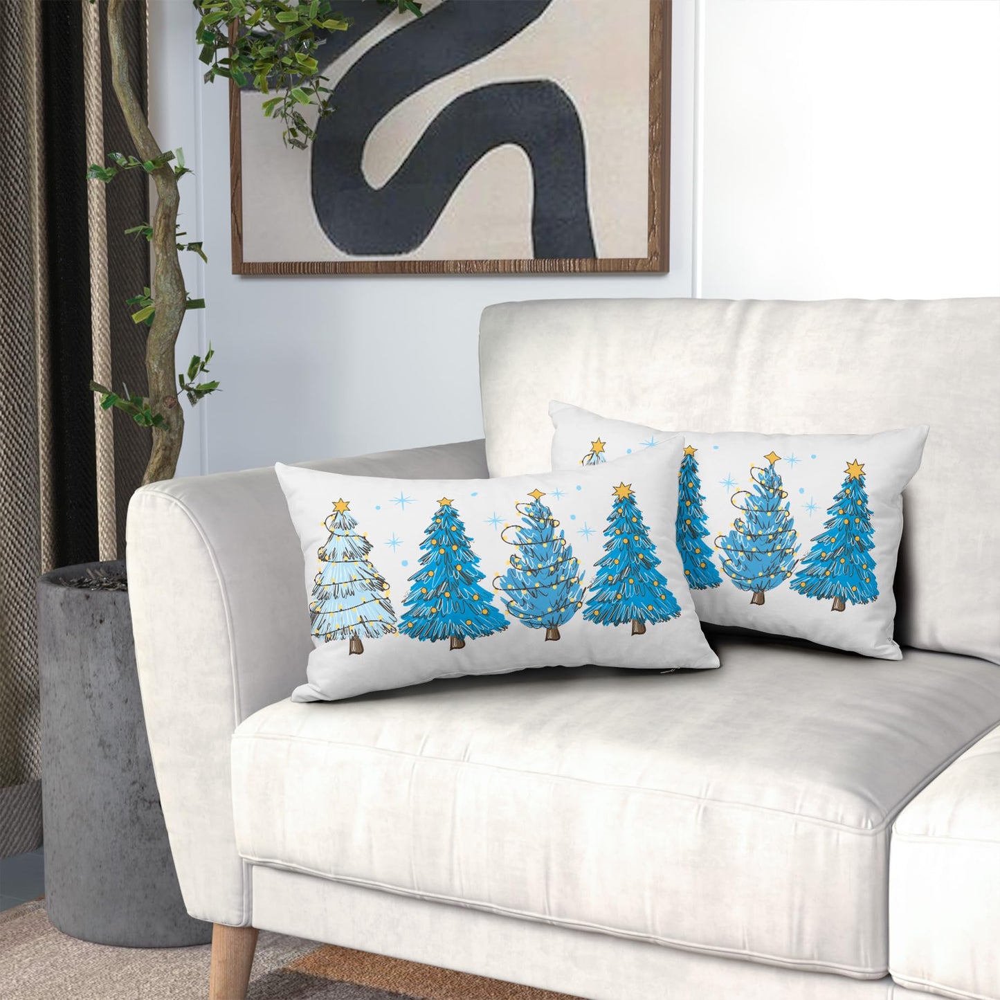 Blue Christmas Tree Lumbar Throw Pillow Covers 12X20 In Set of 2 Xmas Tree Lights Stars Decorative Rectangle Pillow Cases Winter Holiday Pillow Cover Farmhouse Home Decor For Living Room Sofa Couch
