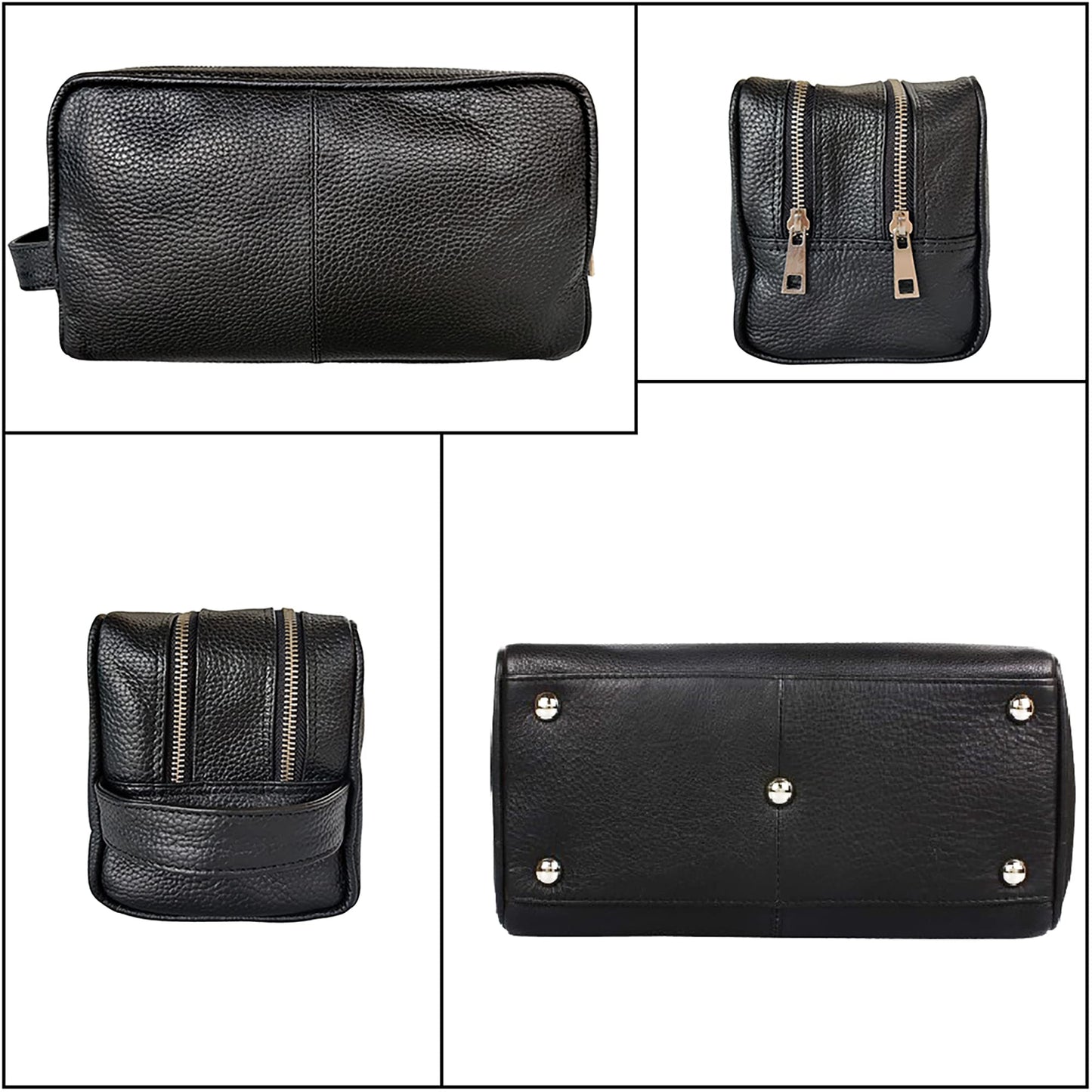 RUSTIC TOWN Full Grain Leather Travel Toiletry Bag - Cosmetic Makeup Kit Organizer (Medium, Black)