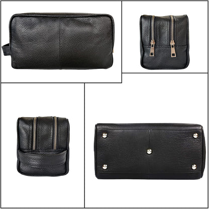 RUSTIC TOWN Full Grain Leather Travel Toiletry Bag - Cosmetic Makeup Kit Organizer (Medium, Black)