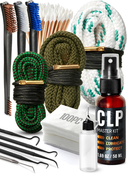 Bore Cleaner Gun Cleaning Kit for 12Ga / 5.56 / 9mm Gun Cleaning Snake, Gun Cleaning Supplies Incl. 1.69oz Clp Gun Cleaning Oil, Gun Cleaning Patches, Gun Cleaning Swabs, Gun Brushes, Cleaning Picks