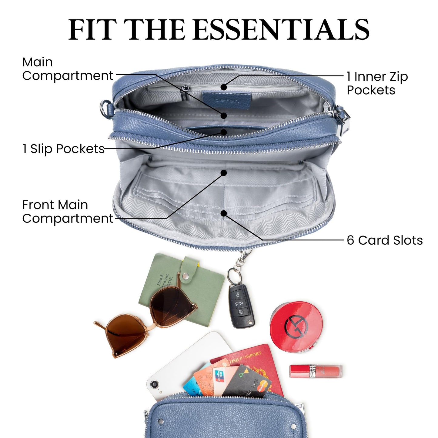 befen Genuine Leather Crossbody Bags for Women, Purses with Built in RFID Wallet Woman Camera Shoulder Bag Handbags Anti Theft Cross Over body Purses with Adjustable Strap, Grey Blue