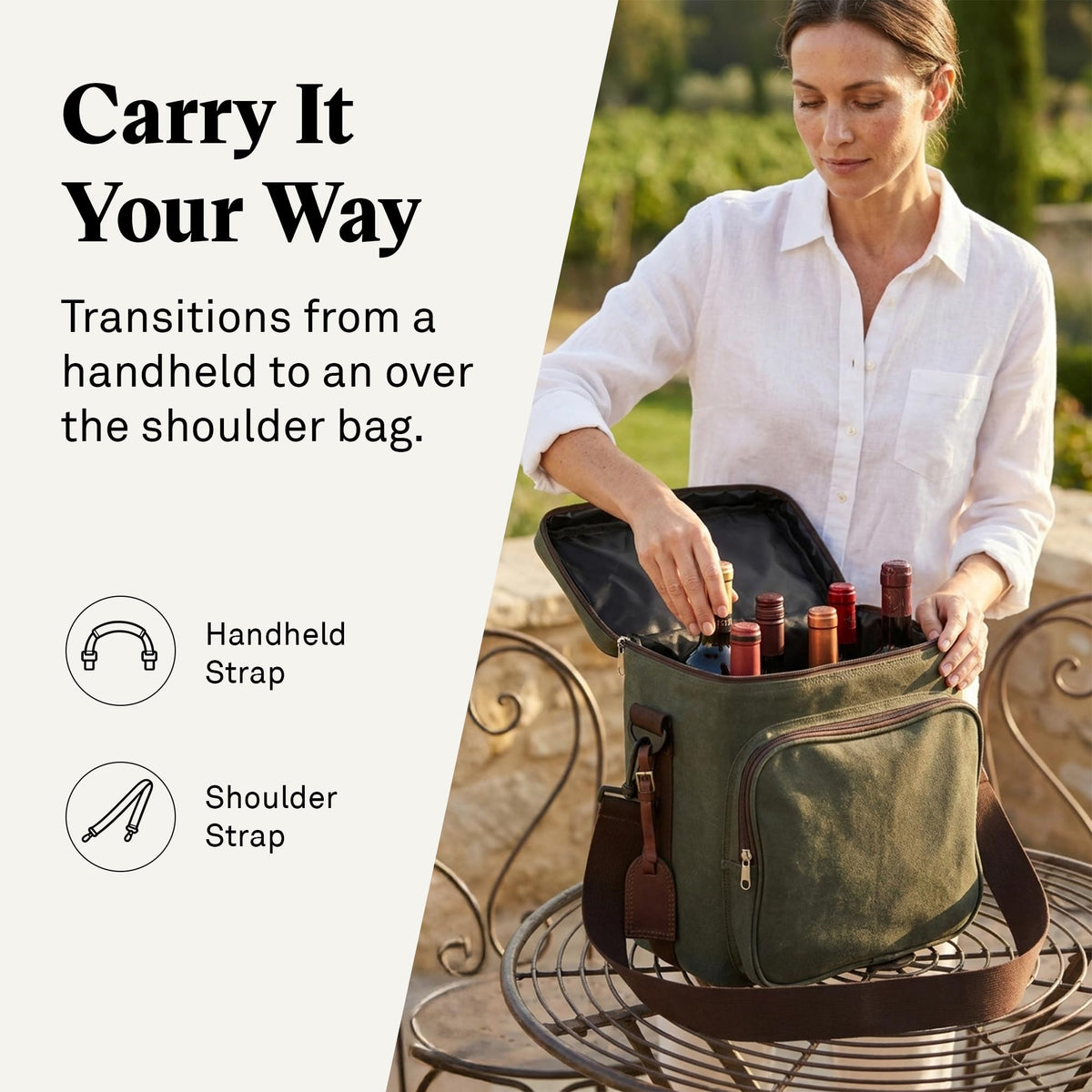 Wine Enthusiast 6-Bottle Waxed Canvas Wine Bag Tote Insulated Wine Carrier Cooler Travel & Picnics Holds Tall Bottles Includes Ice Pack Chilling Reusable Tote Bag for Wine Gifts & Outdoor Gatherings
