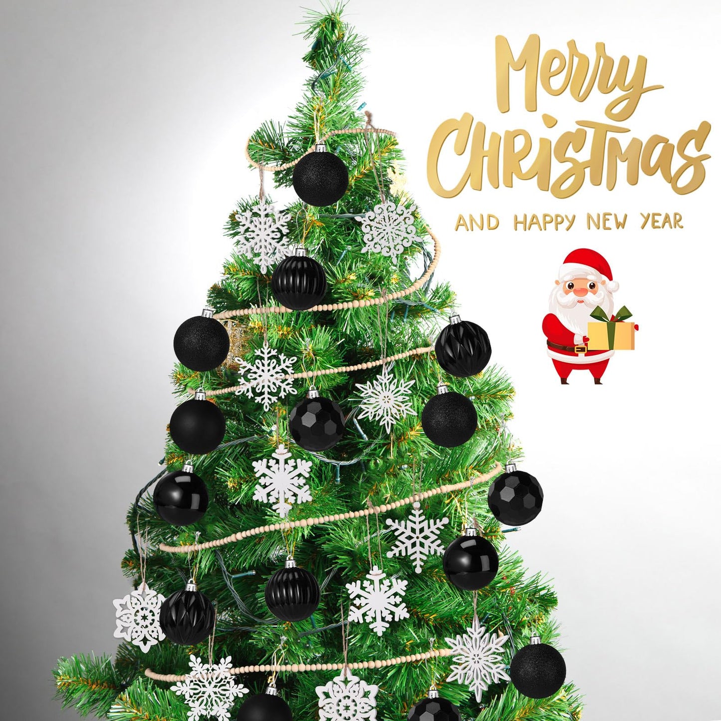 Aoriher 45 Pcs Christmas Tree Ornament Set,34pcs Christmas Ball Ornaments with Xmas Wooden Bead Garland Snowflake Ornaments for Xmas Tree Holiday Wedding Party Wreath Home Decoration(Black)