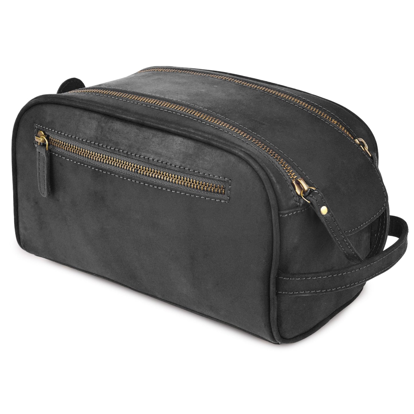 Rasavi Genuine Leather Travel Toiletry Bag, Handcrafted Vintage Water-Resistance Dopp Kit, Large Shaving & Bathroom Organizer - Gift for Men & Women - Black