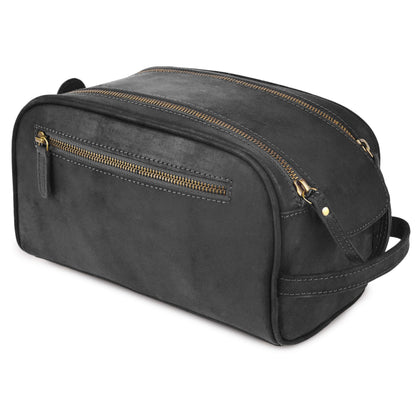 Rasavi Genuine Leather Travel Toiletry Bag, Handcrafted Vintage Water-Resistance Dopp Kit, Large Shaving & Bathroom Organizer - Gift for Men & Women - Black