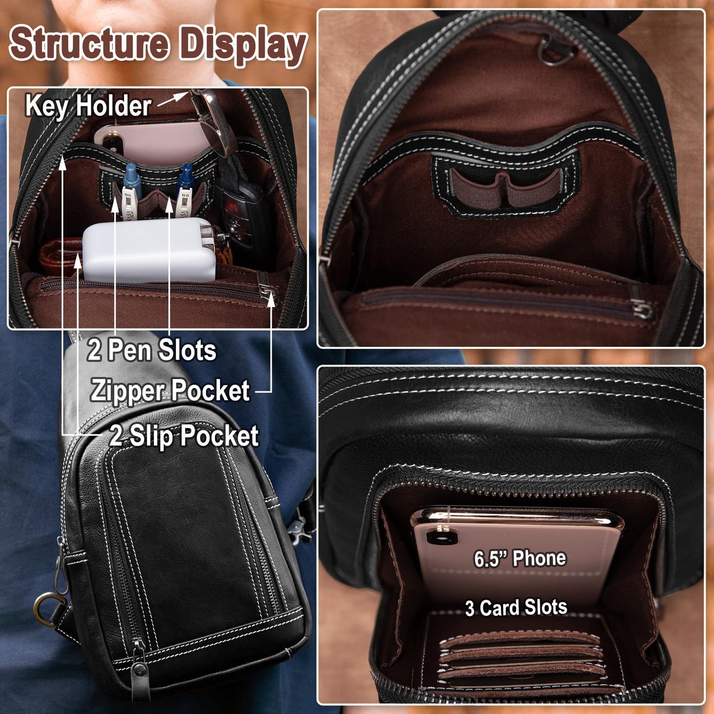 CENUNCO Genuine Leather Sling Bag Crossbody Chest Bag Sling Backpack Purse (Black)