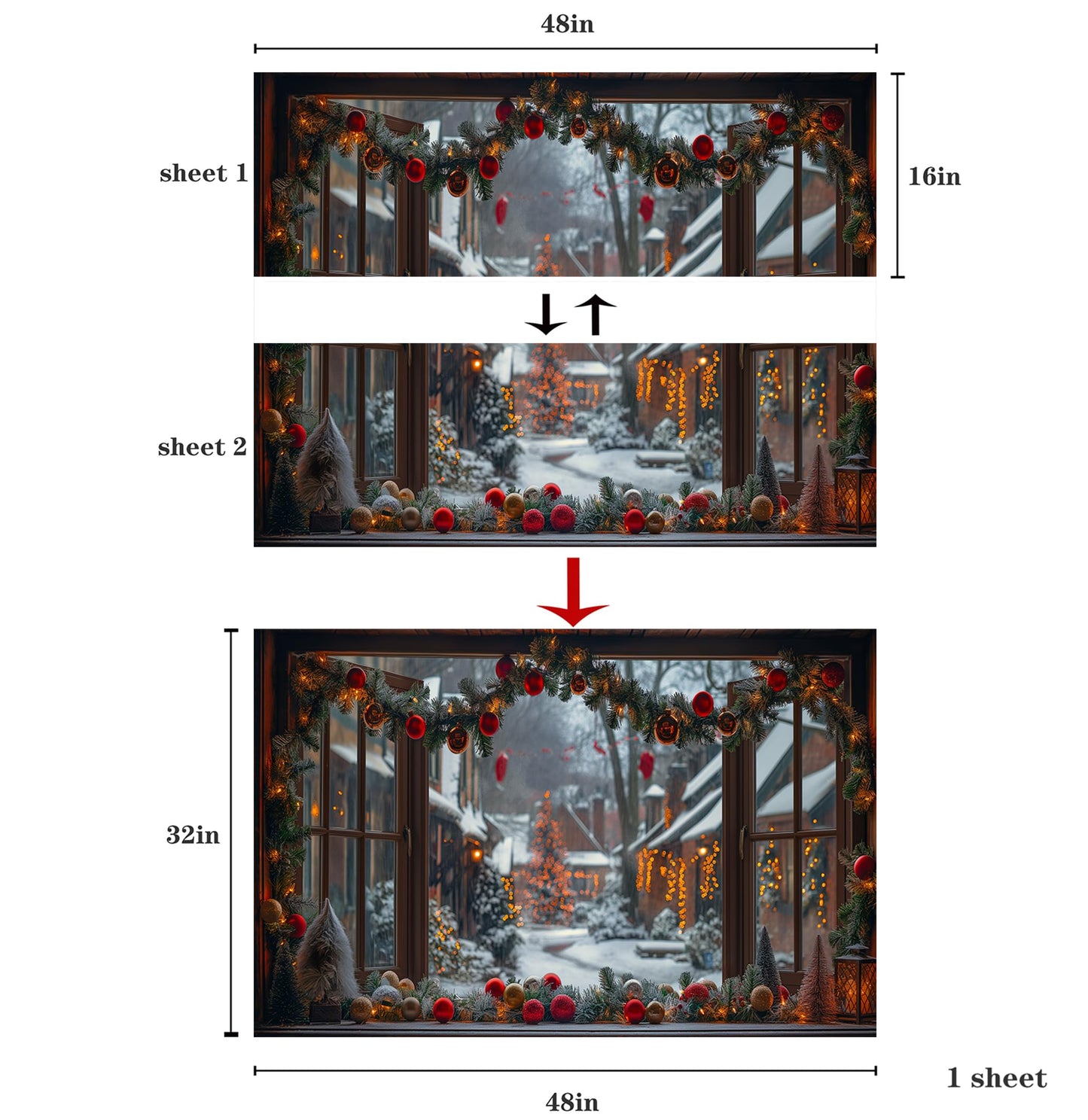 WOOHOOROO Fake Window Wall Sticker Festive Street Garland Christmas Peel and Stick Removable Holiday Scene,32" x 48"