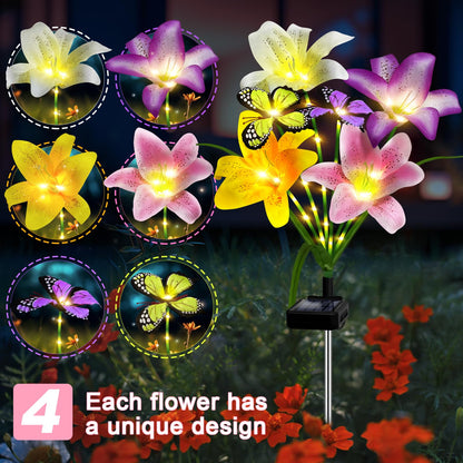 ostritec Solar Garden Lights Outdoor, 4 Pack Flower Lights for Outside, 16 Solar Lilies with Butterflies, Waterproof Garden Decor for Yard, Patio, Gifts for Women Mom (4 pcs Lilies)