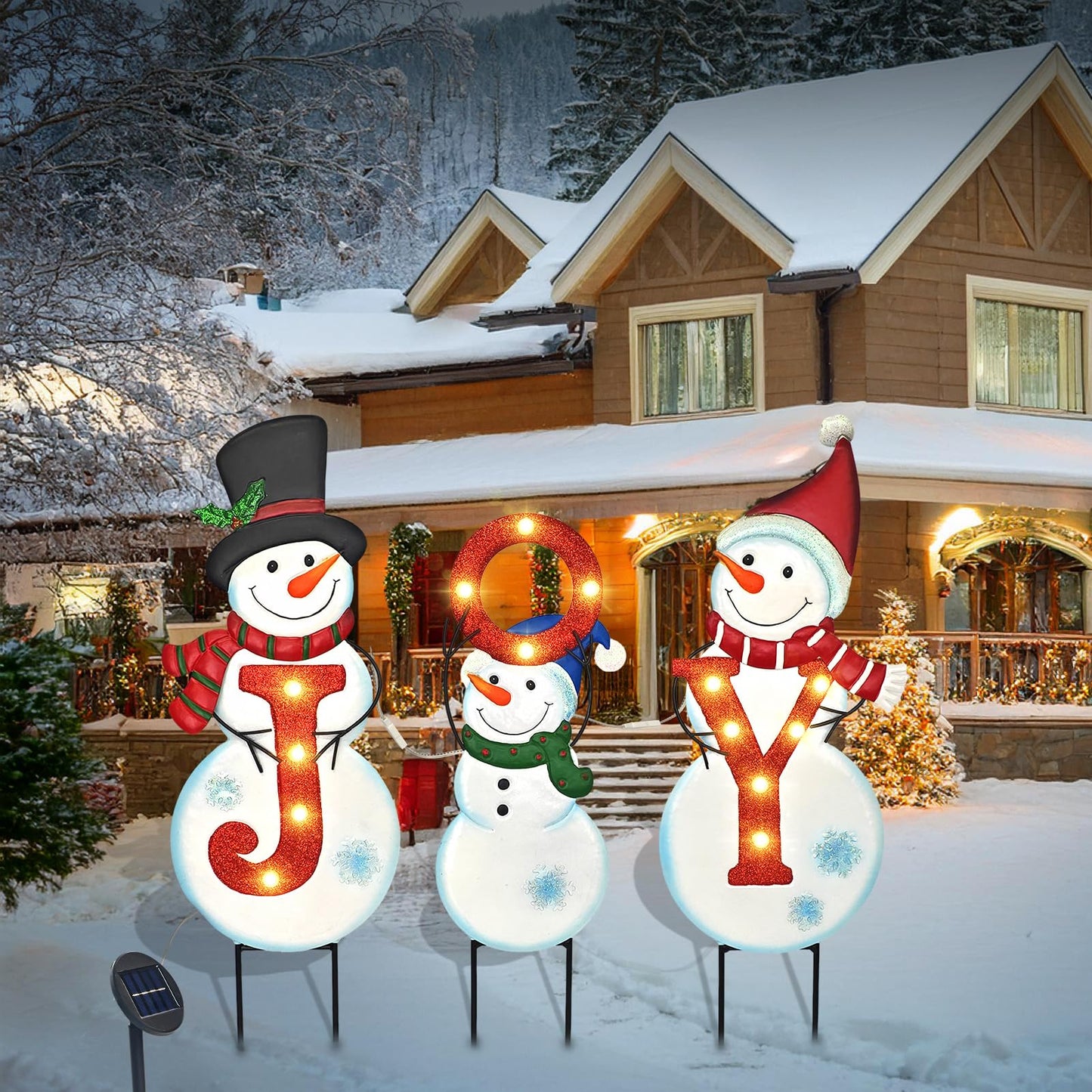 Christmas Outdoor Yard Signs Decorations, LED Solar Metal Garden Stake Lights with Joy for Patio Lawn Christmas Decor (Snowman Family)