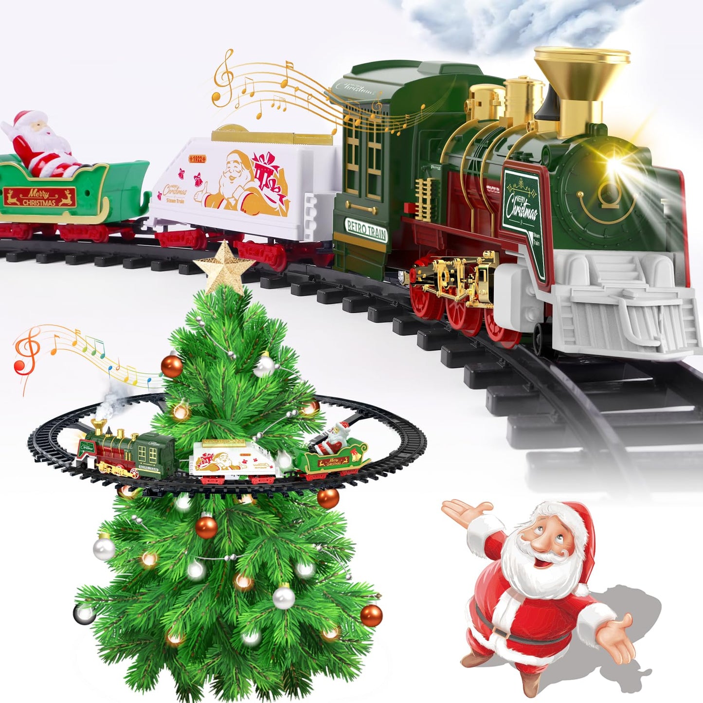 TERRAMUS Christmas Train Set - Hanging Train Toys with Smoke Light & Sound for Boys Girls,Train Set Around Under The Christmas Tree with Steam,Carriages Tracks for 3-12 Years Old Kids Decoration Gift