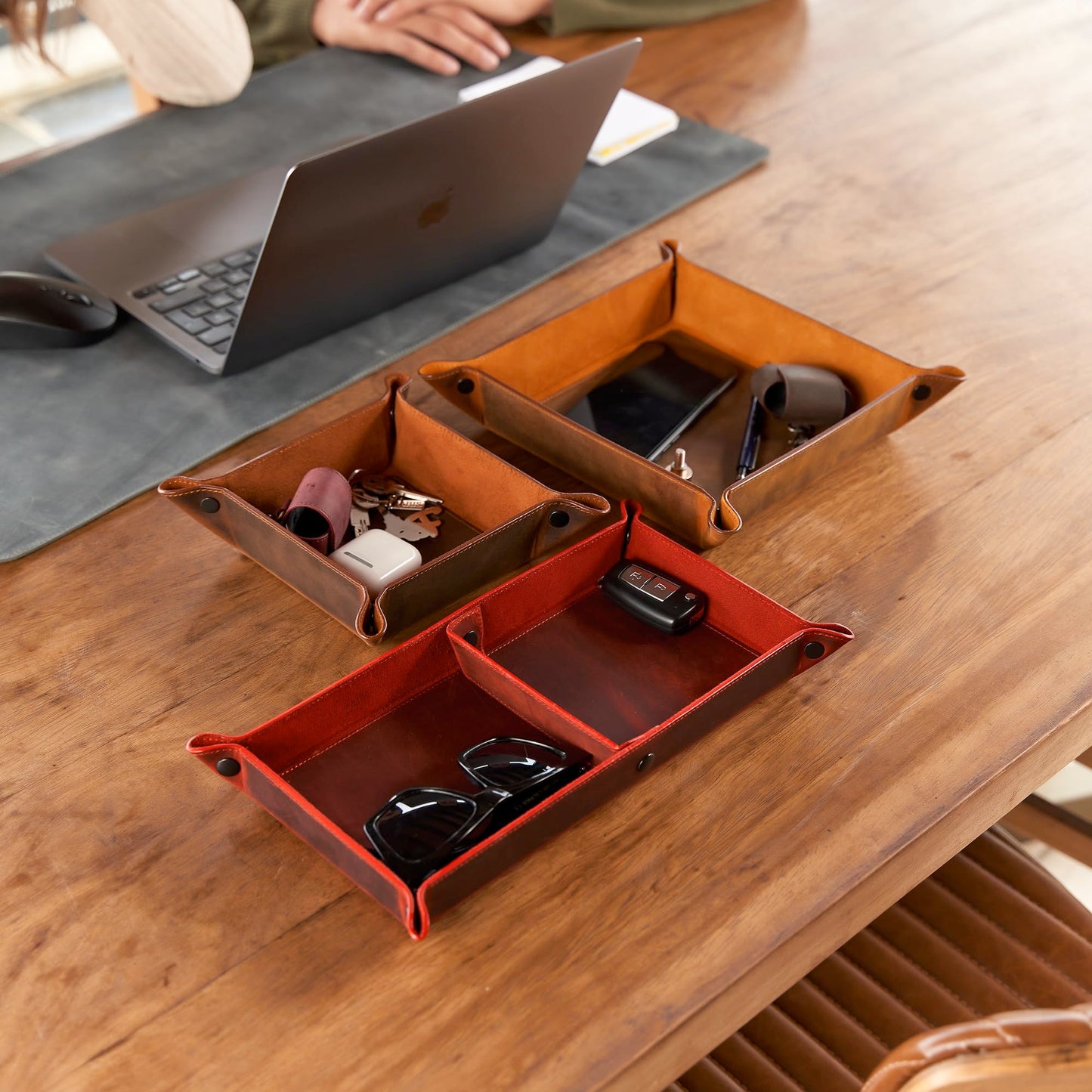 MayaCraft Handmade Leather Catch All Tray and Organizer for Keys, Phones, Jewels, Coins, Rectangular, Light Camel