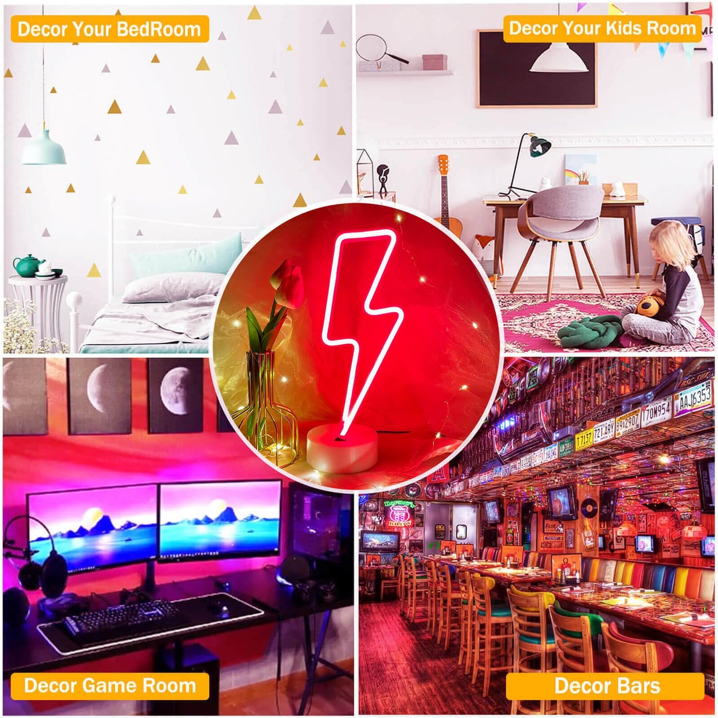 VIFULIN Lightning Bolt Neon Signs Red Lightning Neon Sign Light for Bedroom, USB/Battery Operated Thunder Lamp Neon Sign, Stand Lightning Shape LED Sign Decor for Shelf Desk Table Game Room Man Cave