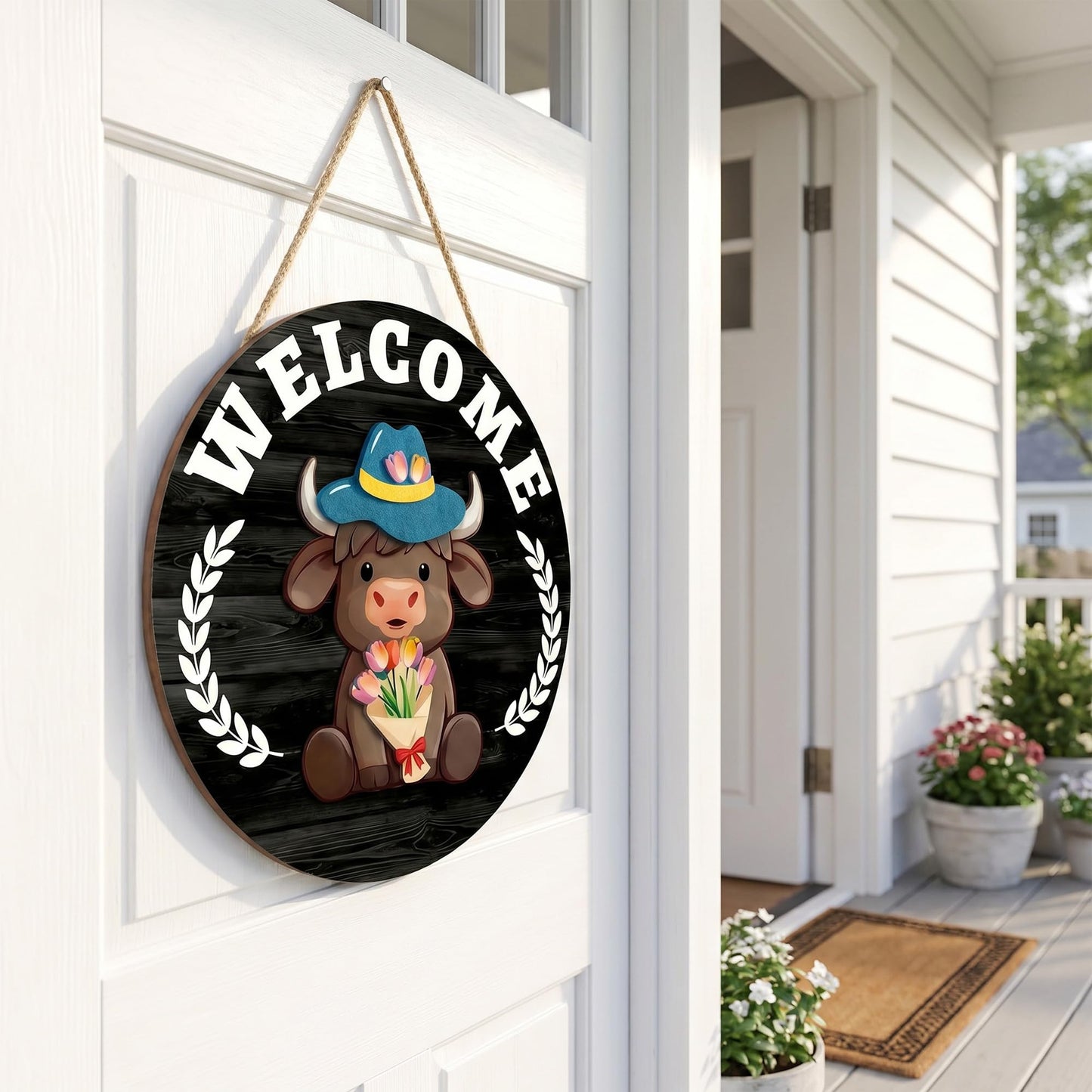 Yiranok Holiday Interchangeable Highland Cow Welcome Sign,Highland Cow Seasonal Wooden Hanging Door Decoration Front Door Decoration Gift Hanging Door Sign