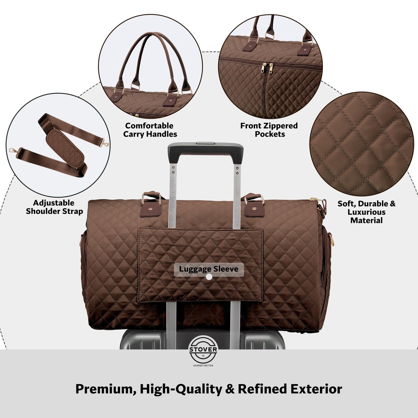 STOVER Women’s Convertible Garment Duffel Bag for Travel – 2-in-1 Carry-On Weekender/Overnight Tote - Wrinkle-Free Dresses, Suits & Clothes + Shoe Compartment & Bonus Toiletry Bag (Mocha Brown)