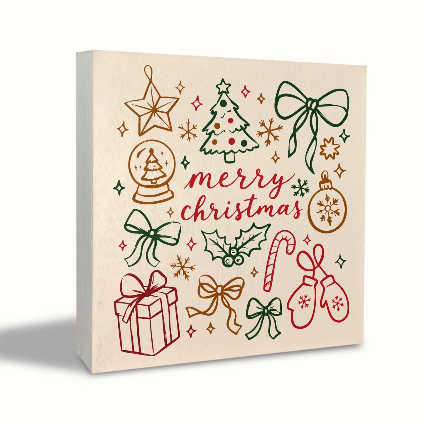 KEUSPI Retro Merry Christmas Wooden Box Sign, Girly Christmas Decor, Boho Xmas Bow Holly Jolly Wood Box Block Sign for Home Office Desk Tabletop Shelf Decoration 5x5 Inch