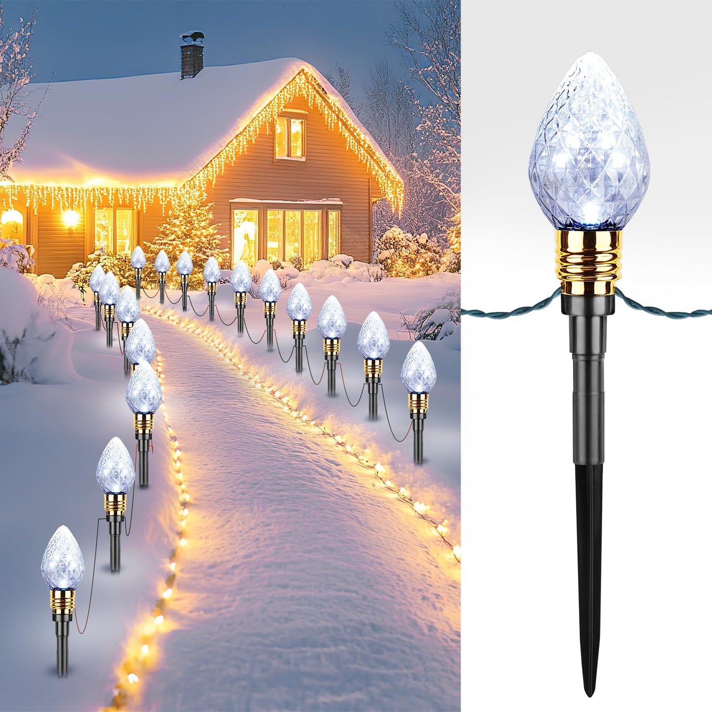 Brightown 2 Pack Strawberry C9 Christmas Pathway Lights Outdoor, Total 34.8 Ft 20 C9 Pathway Lights, Waterproof Connectable Christmas Walkway Light for Yard Ground Sidewalk Driveway, Pure White