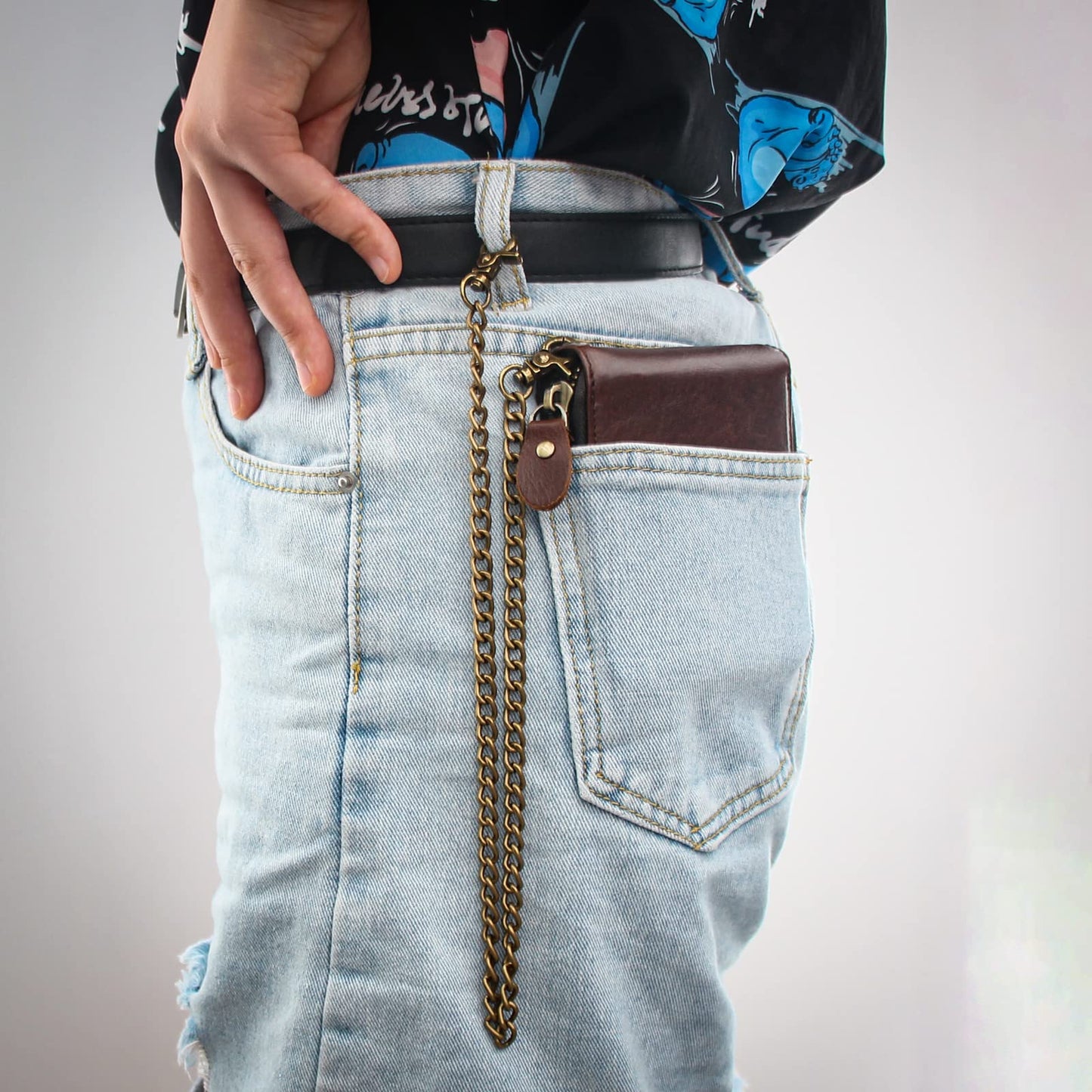 boshiho Real Leather RFID Blocking Bifold Wallets for Men Double Zipper Coin Pocket Purse with Anti-Theft Chain (Coffee 02)