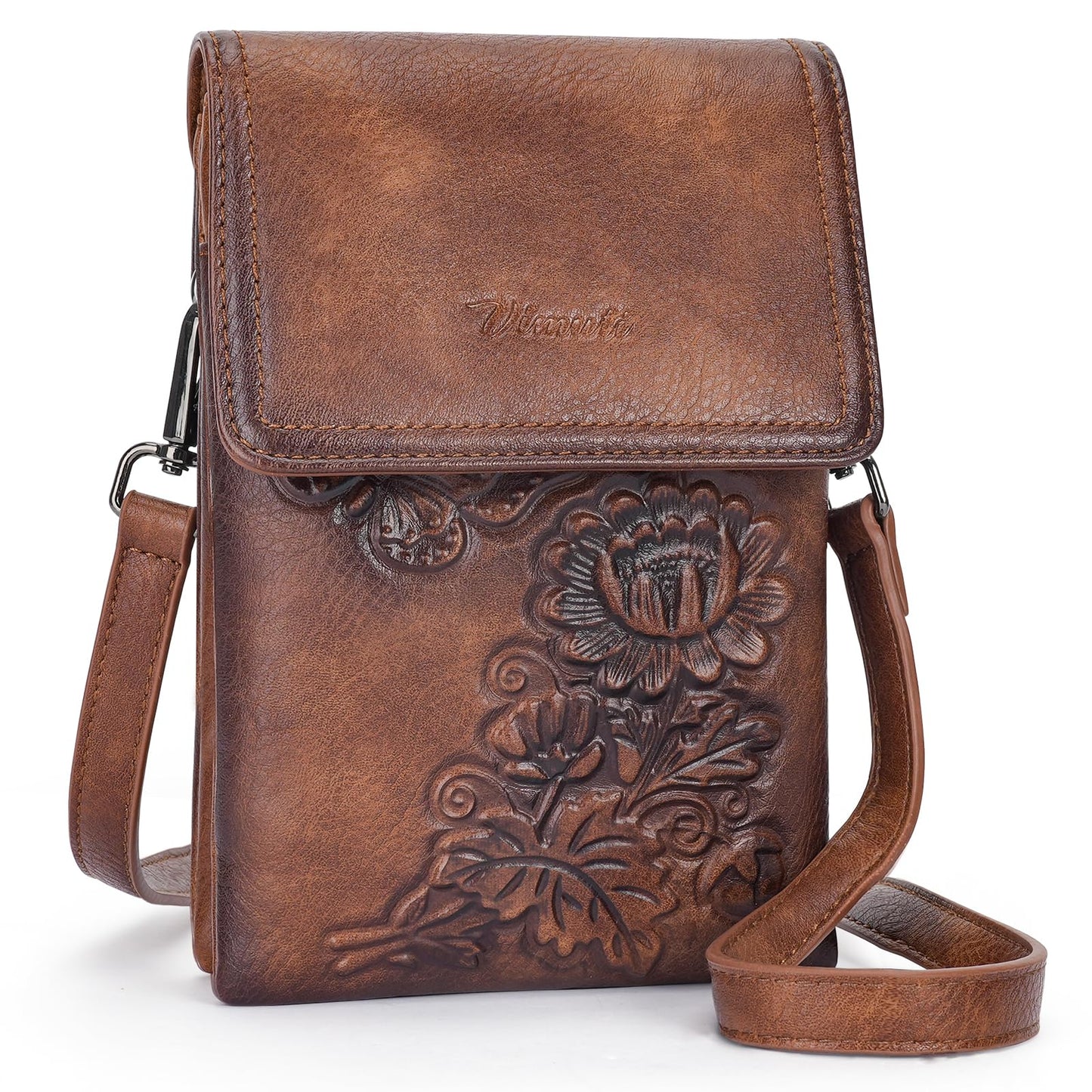 VIMUTI Small Crossbody Bags for Women Trendy Vegan Leather Cell Phone Bag Embossed Flower Design Wallet Purses with Strap (01-Brown)