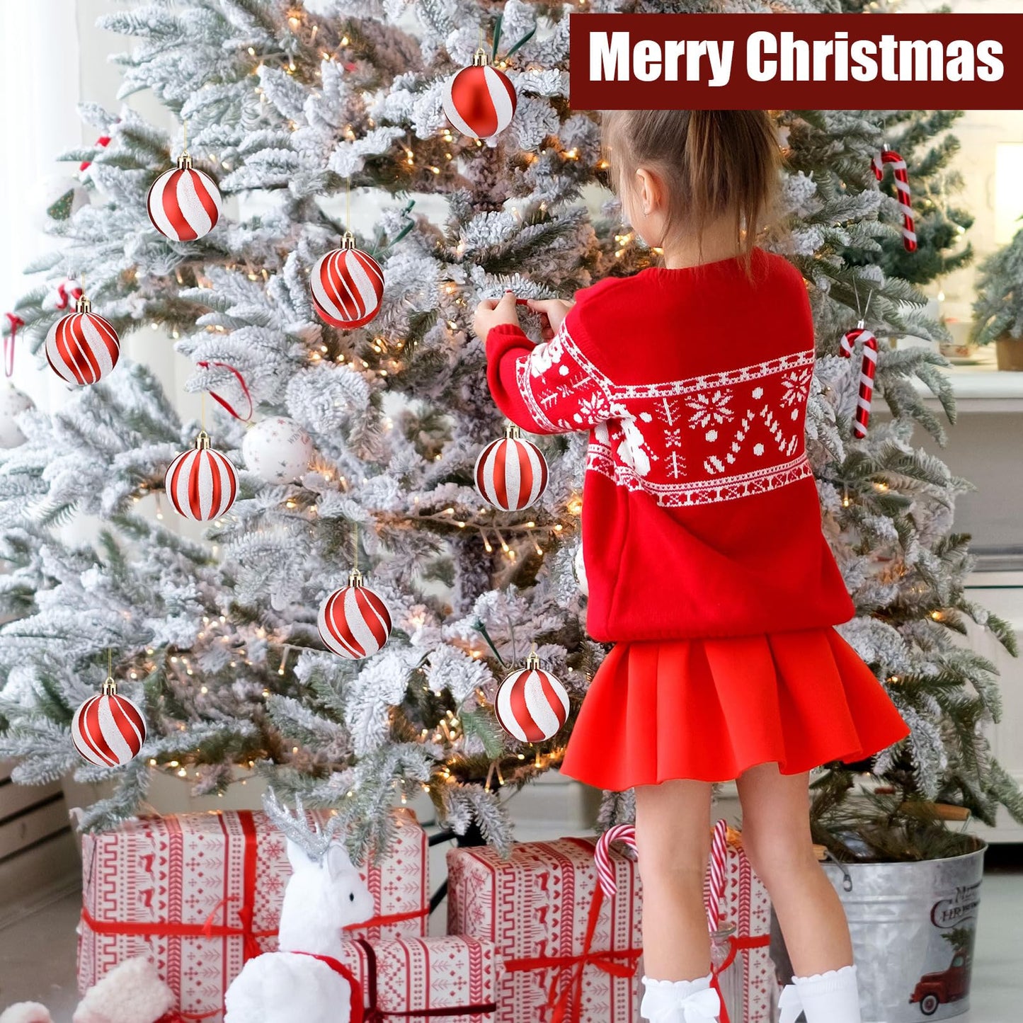 Liliful 12 Pcs 2.4 Inch Christmas Ball Ornaments Glittering Plastic Hanging Decorations Elf Balls Swirl Candy Cane Peppermint Christmas Tree Pendants for Xmas Tree Decoration (Red and White)