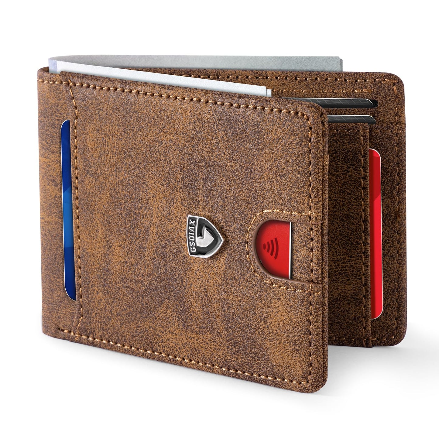GSOIAX Slim Wallet for Men,RFID Blocking Bifold Wallet Carbon Fiber Front Pocket Wallet with 11 Card Holder Minimalist Mens Wallet with Gift Box (Leather Brown)
