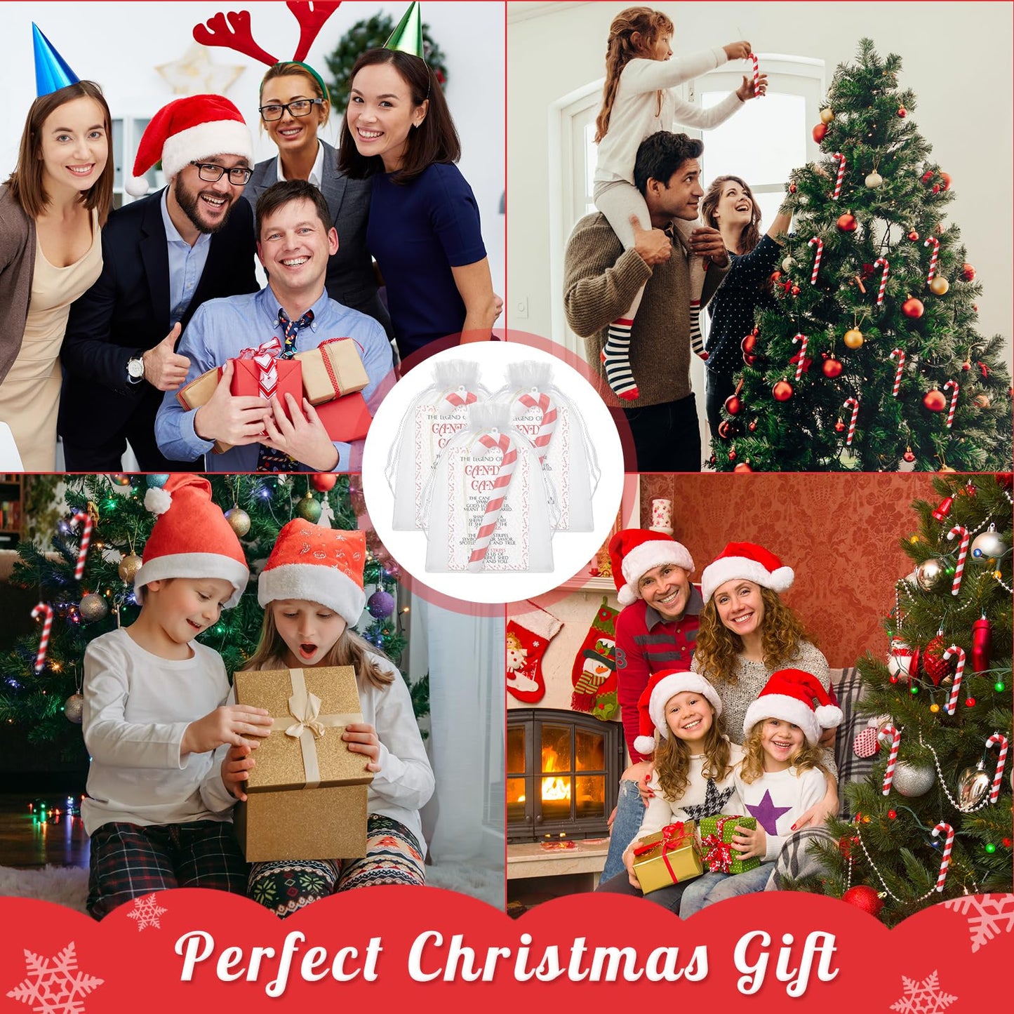 Cholemy 36 Sets Christmas Candy Cane Hanging Ornaments Gifts Including 36 Candy Cane Ornaments and 36 Legends of Story Cards with 36 Organza Bags for Christmas Tree Home Party Decor