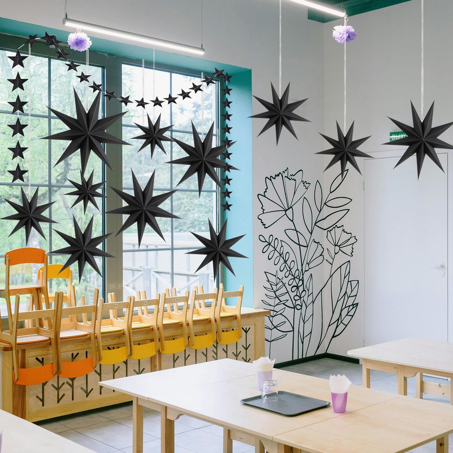 WNSIRVY 12 Pack 9-Pointed Large 3D Paper Star Lanterns Black Hanging Lanterns with Glitter Star Garland for Halloween & Christmas Parties & Weddings & Birthdays