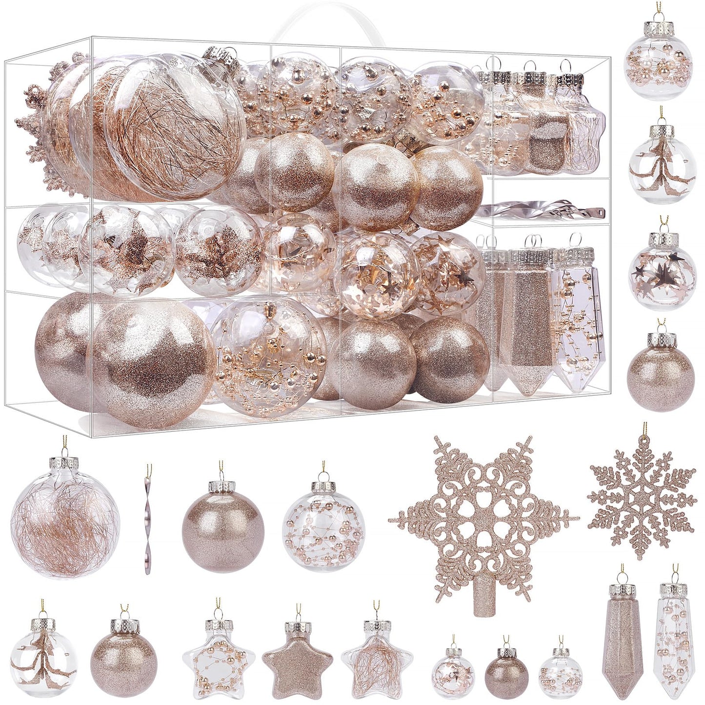 SHareconn 86PCS Christmas Tree Ornaments Clear Set,Shatterproof and Clear Plastic Baubles for Xmas Tree Decor, Holiday Wedding Party Decoration,Champagne