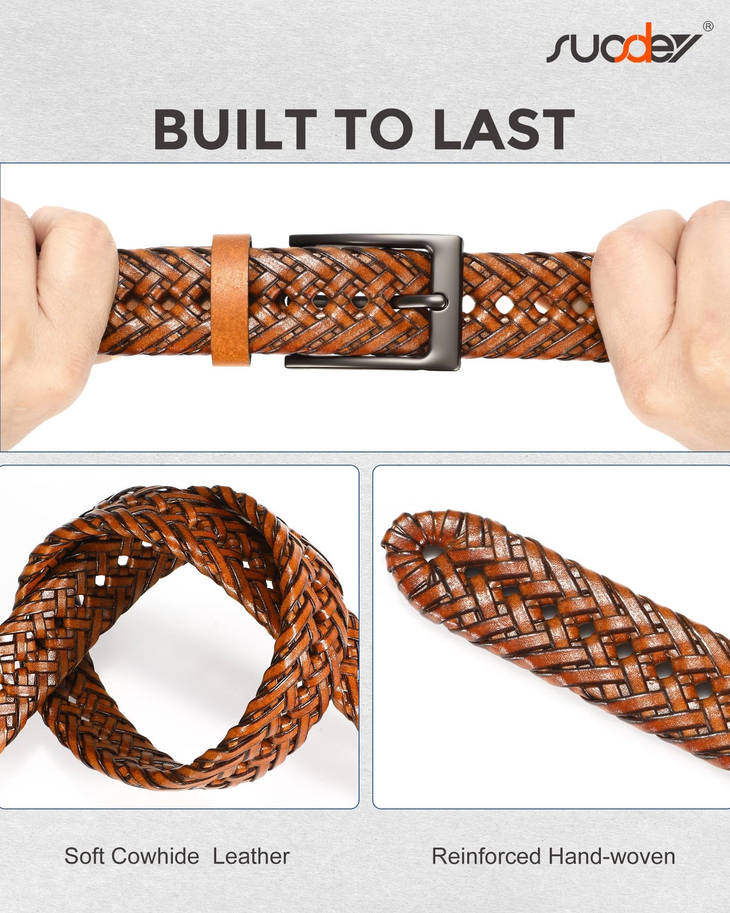 SUOSDEY Braided Genuine Leather Brown Belt for Men, 1.2" Width Men’s Casual Woven Leather Belt for Jeans Pants