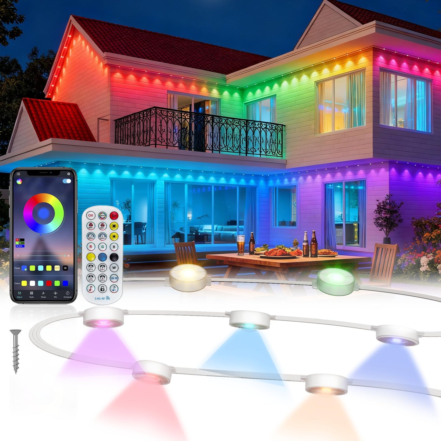 Permanent Outdoor Lights, 100ft with 60 RGB+IC LED Lights for House, 75 Scene Modes, IP68 Waterproof Eave lights Compatible with Alexa, Google Assistant for Halloween, Christmas, Outdoor Daily Decor