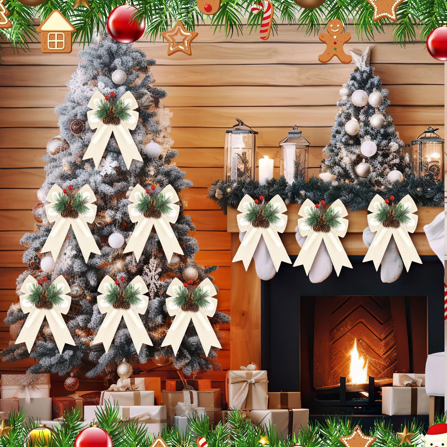 Syhood 6 Pcs Christmas Velvet Bow with Pine Cones Pine Needles Berries Xmas Champagne Ribbon Bow Ornaments 6.3 x 5.1 Inch for Christmas Tree Wreath Garden Fireplace Crafts DIY Decor