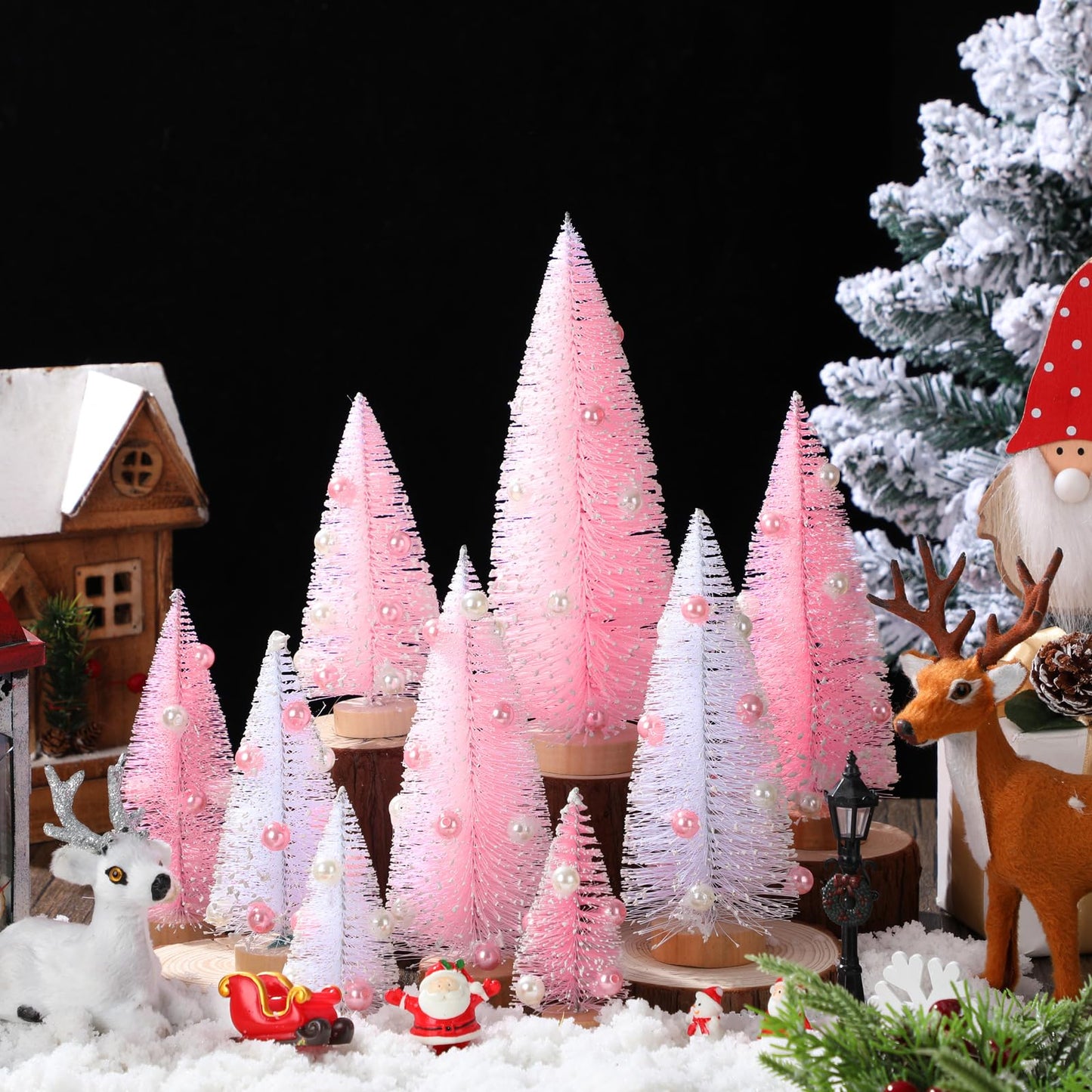 Leyndo 9 Pcs Pink Pearl Artificial Mini Christmas Tree Sisal Bottle Brush Trees with Wood Base Christmas Pine Trees for Autumn Winter Holiday Home Kitchen Party Decor