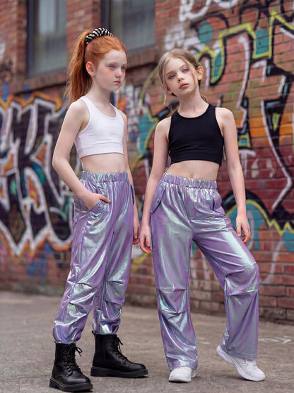 Stelle Girls Metallic Cargo Pants Shiny Hip Hop Dance Joggers Sparkly Stretchy Wide Leg Street Pants for Kids,Iridescent Purple,8-9 Years
