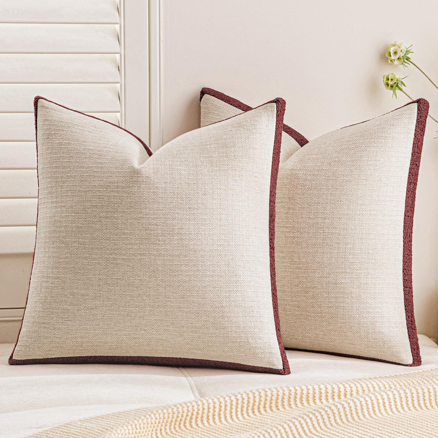 a moment Christmas Red Loop Yarn Linen-Like Pillow Cover Natural Soft Decorative Throw Pillow Case Farmhouse 18x18 Inch, Bohemian Textured Cushion Cover for Sofa Bed, Wrinkle-Resistant Home Decor