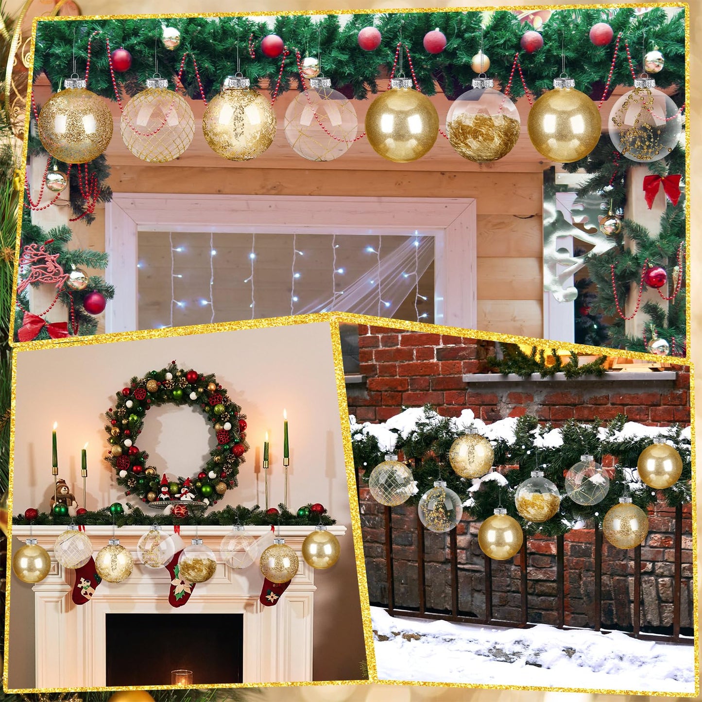 Wettarn Set of 8 Transparent Large Christmas Ball Ornaments 6 Inch Glitter Hanging Plastic Balls Christmas Tree Decorations for Lawn Yard Party with Exquisite Filling Decoration (Charming Gold)